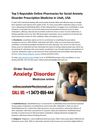 Top 5 Reputable Online Pharmacies for Social Anxiety Disorder Prescription Medicine in Utah USA