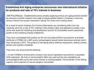 Established Anti Aging enterprise announces