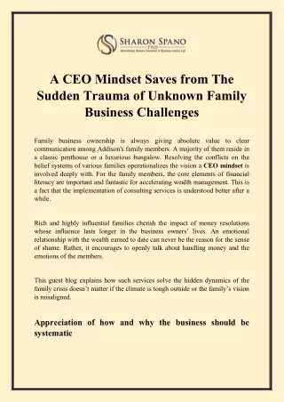 A CEO Mindset Saves from The Sudden Trauma of Unknown Family Business Challenges