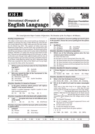International Olympiad of English (IOEL) Class 3 Sample Paper