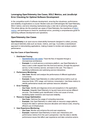 Leveraging OpenTelemetry Use Cases, SDLC Metrics, and JavaScript Error Checking for Optimal Software Development