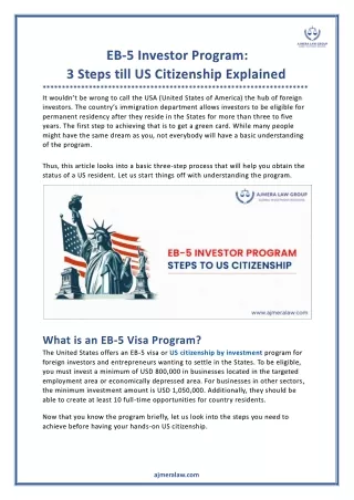 EB-5 Investor Program - 3 Steps till US Citizenship Explained