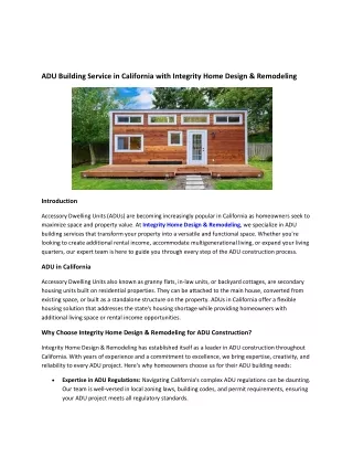 ADU Building Service in California with Integrity Home Design