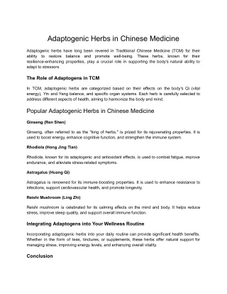 Adaptogenic Herbs in Chinese Medicine