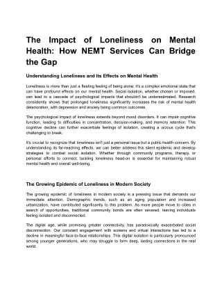 THE IMPACT OF LONELINESS ON MENTAL HEALTH AND HOW NEMT CAN HELP TO ADDRESS THIS ISSUE