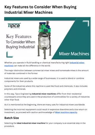 Key Features to Consider When Buying Industrial Mixer Machines
