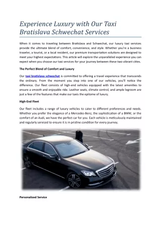Taxi Bratislava Schwechat: Your Gateway to Smooth Transfers