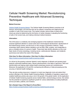 Cellular Health Screening Market: Enhancing Patient Outcomes through Early Detec