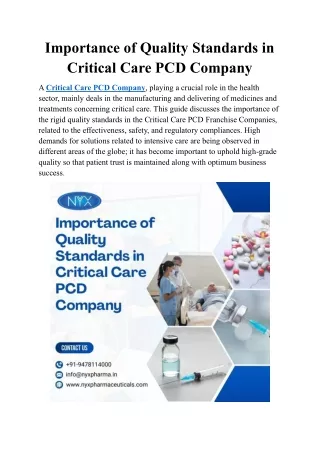 Importance of Quality Standards in Critical Care PCD Company