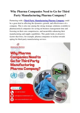 Why Pharma Companies Need to Go for Third Party Manufacturing Pharma Company?