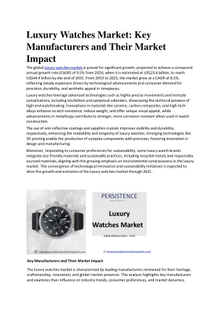 Luxury Watches Market: Key Manufacturers and Their Market Impact