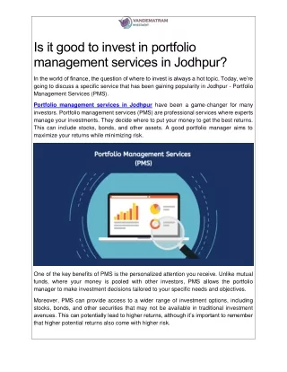 Is it good to invest in portfolio management services in Jodhpur