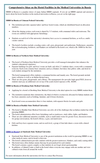 Comprehensive Ideas on the Hostel Facilities in the Medical Universities in Russ