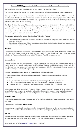 Discover MBBS Opportunities in Vietnam: Your Guide to Hanoi Medical University