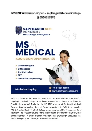 Become an ENT Specialist! MS ENT Open at Sapthagiri @9830818808