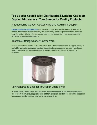 Top Copper Coated Wire Distributors & Leading Cadmium Copper WholesalersYour Source for Quality Products