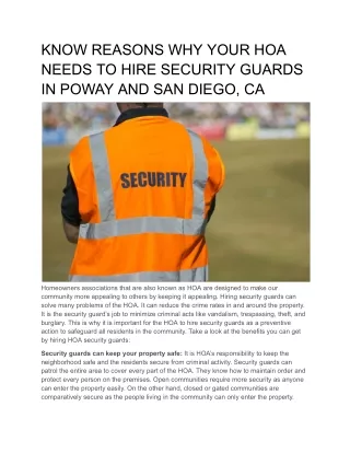 KNOW REASONS WHY YOUR HOA NEEDS TO HIRE SECURITY GUARDS IN POWAY AND SAN DIEGO, CA