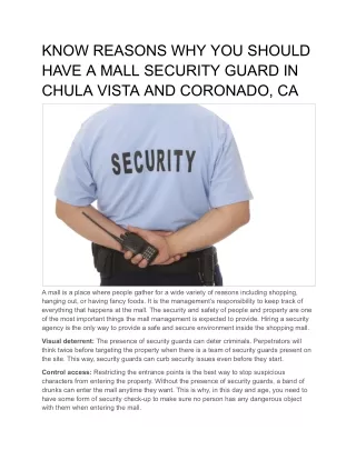 KNOW REASONS WHY YOU SHOULD HAVE A MALL SECURITY GUARD IN CHULA VISTA AND CORONADO, CA