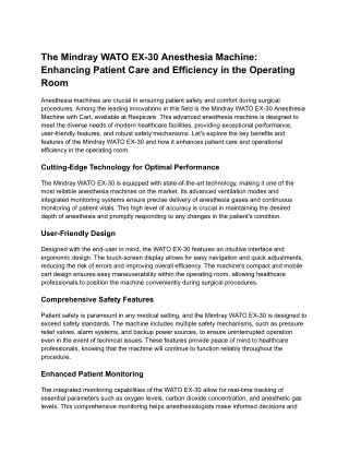 The Mindray WATO EX-30 Anesthesia Machine_ Enhancing Patient Care and Efficiency in the Operating Room