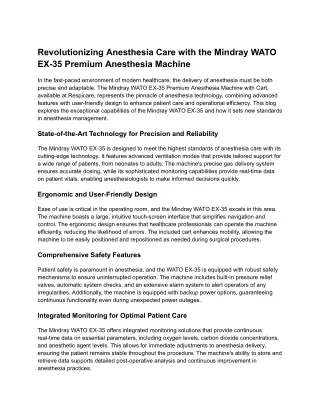 Revolutionizing Anesthesia Care with the Mindray WATO EX-35 Premium Anesthesia Machine
