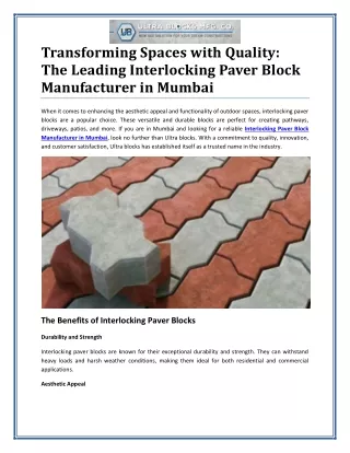 Interlocking Paver Block Manufacturer in Mumbai: Quality Assured