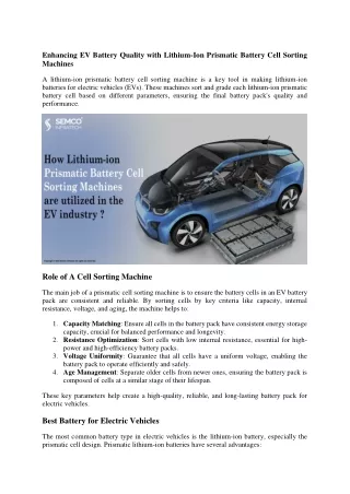 Enhancing EV Battery Quality with Lithium Ion Prismatic Battery Cell Sorting Machines