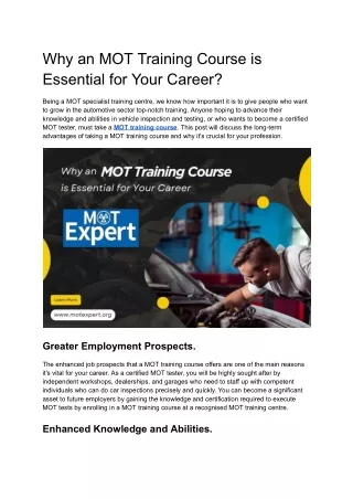 Why an MOT Training Course is Essential for Your Career