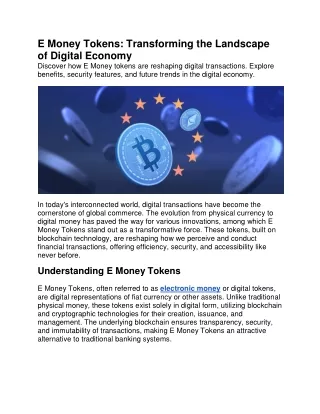 E Money Tokens: Transforming the Landscape of Digital Economy