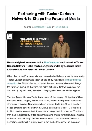 Uma Ventures Invests in Tucker Carlson Network to Shape the Future of Media