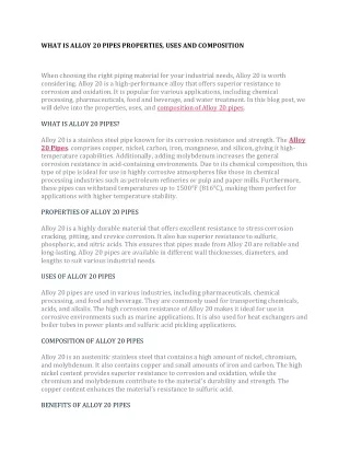 WHAT IS ALLOY 20 PIPES PROPERTIES, USES AND COMPOSITION