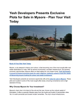 Yesh Developers Presents Exclusive Plots for Sale in Mysore - Plan Your Visit Today