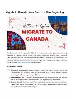 Migrate to Canada: Your Path to a New Beginning