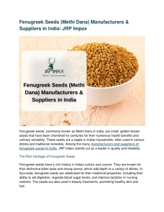 Fenugreek Seeds (Methi Dana) Manufacturers & Suppliers in India: JRP Impex