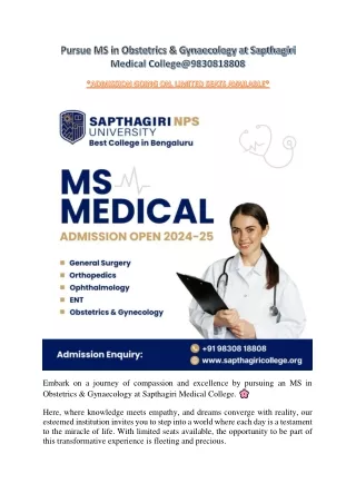 Admission on MS in Obstetrics & Gynaecology at Sapthagiri Medical College@9830818808