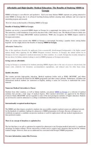 Affordable and High-Quality Medical Education: The Benefits of Studying MBBS in