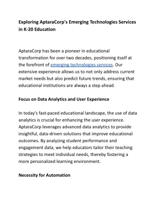 Exploring AptaraCorp's Emerging Technologies Services in K-20 Education