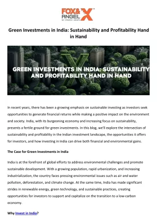 Green Investments in India Sustainability and Profitability Hand in Hand