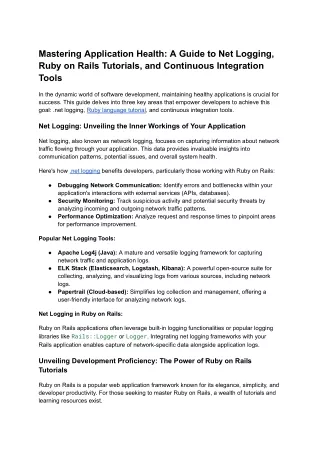 Mastering Application Health_ A Guide to Net Logging, Ruby on Rails Tutorials, and Continuous Integration Tools