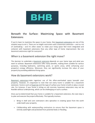 Beneath the Surface Maximising Space with Basement Extensions - BH Basement