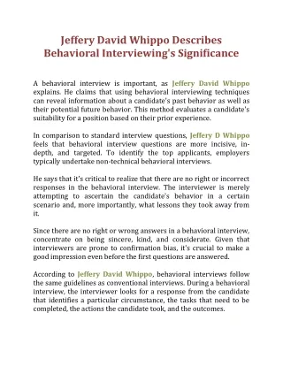 Jeffery David Whippo Describes Behavioral Interviewing's Significance