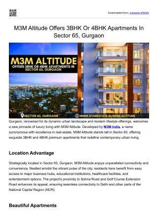M3M Altitude Offers 3BHK Or 4BHK Apartments In Sector 65, Gurgaon