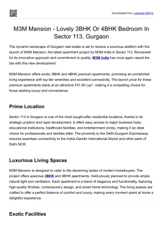 M3M Mansion - Lovely 3BHK Or 4BHK Bedroom In Sector 113, Gurgaon