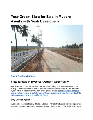 Your Dream Sites for Sale in Mysore Awaits with Yesh Developers