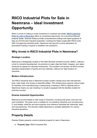 RIICO Industrial Plots for Sale in Neemrana – Ideal Investment Opportunity