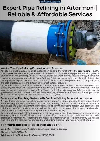 Expert Pipe Relining in Artarmon  Reliable & Affordable Services