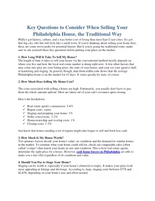 Key Questions to Consider When Selling Your Philadelphia House the Traditional Way