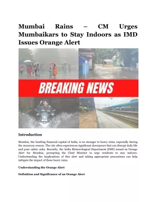 Mumbai Rains – CM Urges Mumbaikars to Stay Indoors as IMD Issues Orange Alert