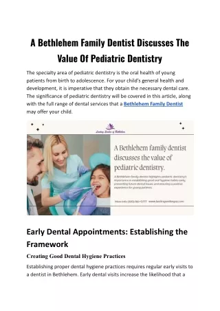 A Bethlehem Family Dentist Discusses The Value Of Pediatric Dentistry.docx