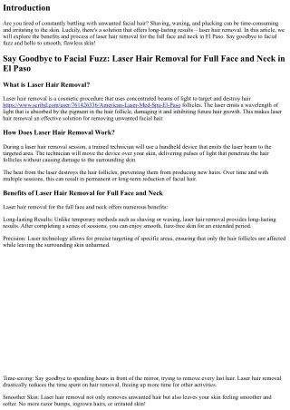 Say Goodbye to Facial Fuzz: Laser Hair Removal for Full Face and Neck in El Paso