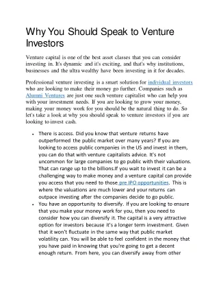 Why You Should Speak to Venture Investors